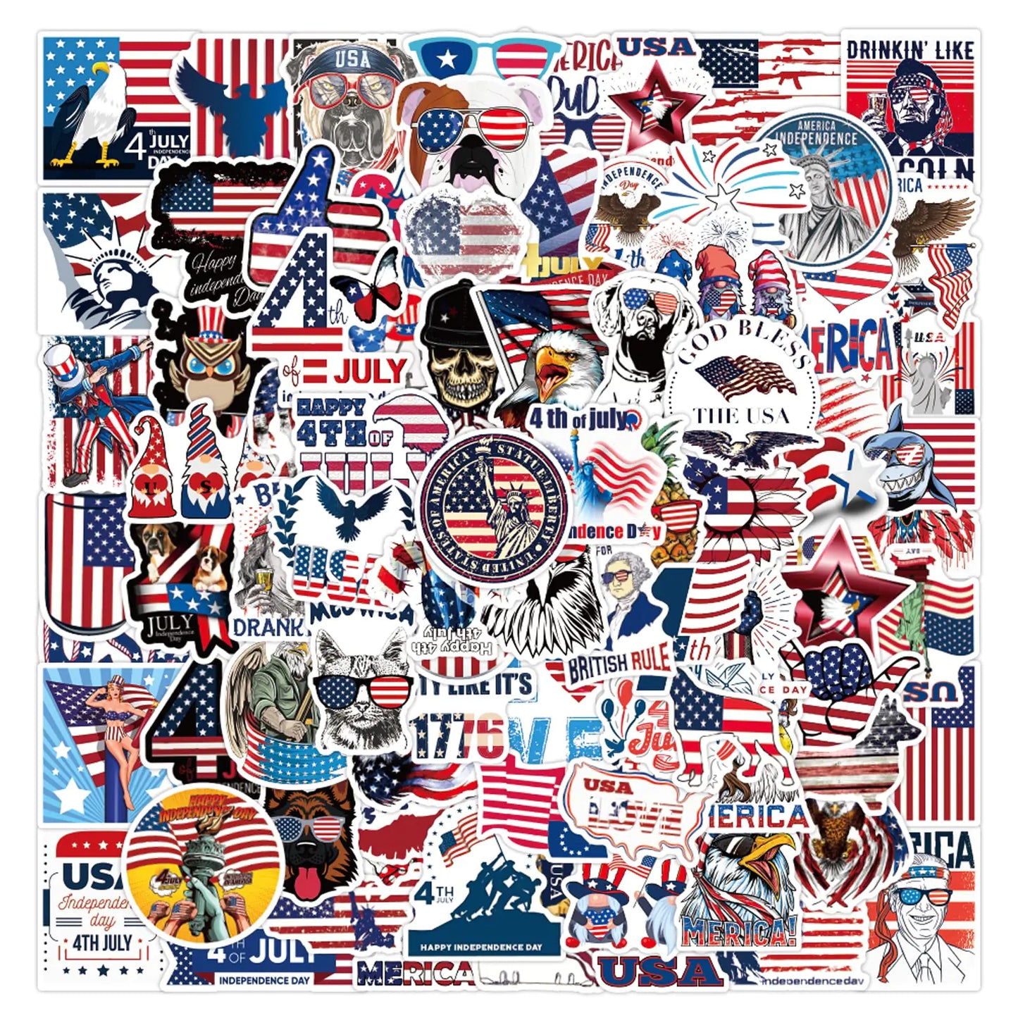 100Pcs 4th of July Stickers for Independence Day Water Bottle Sticker American Flag Red White & Blue Design USA Art Patriotic Stickers for Labor Day Memorial Day Decoration Party Supplies Flags
