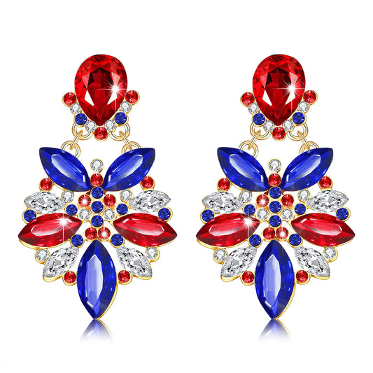 Vogueknock 4th of July Earrings for Women Multi Red White Blue Marquise Stone Flower Dangle Earrings USA Holiday Earrings American Festive Party Jewelry Gifts (Red White Blue)