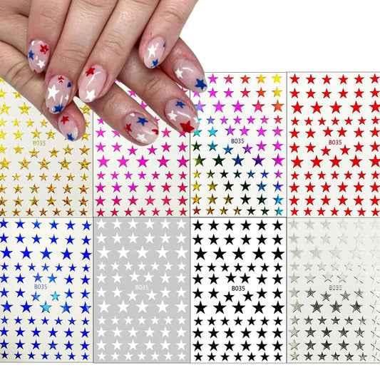 8Sheets Glitter Independence Day Stars Nail Art Stickers 3D Self Adhesive Shiny Glitters Starlight Nail Decals 4th of July Holographic Pentagram Design Decal for Woman DIY Manicure Decoration
