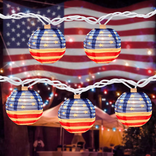 8.5Ft American Flag Lanterns String Lights Outdoor 4th of July Decorations with 10 Nylon Mini Lanterns Connectable Plug-in Red White Blue Lights for Independence Day Memorial Patriotic Party