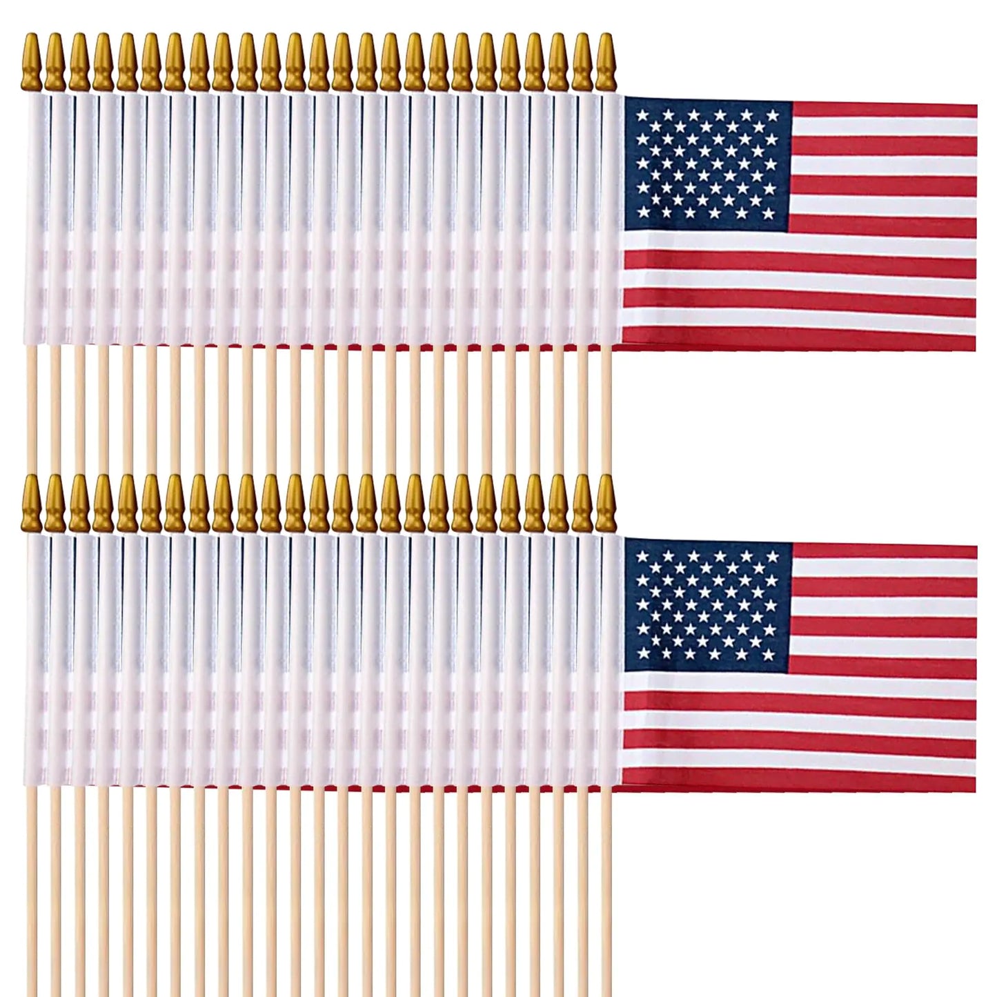 50 Pack Small American Flags Mini US Flags 8x5.5 Flag on Wood Stick with Spear Top US American Hand Held Stick Flags 4th of July Outdoor Decor