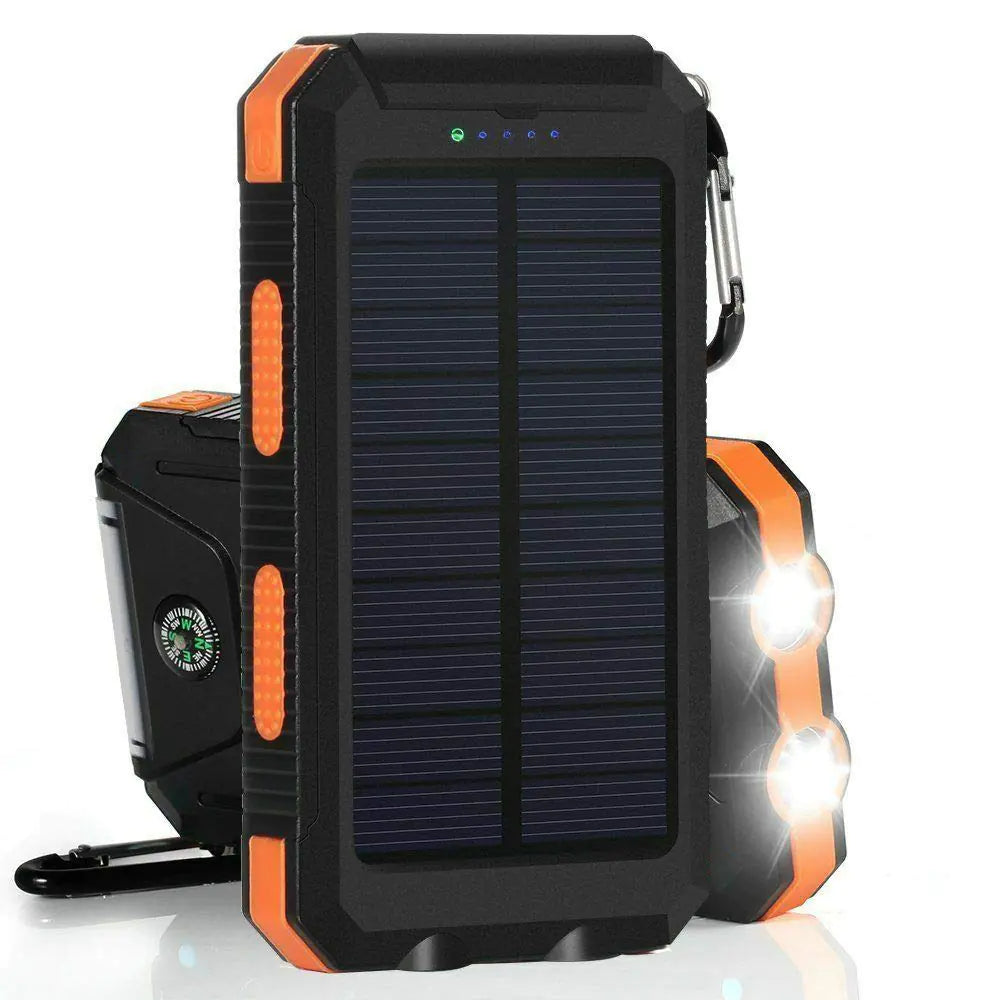 Solar Waterproof Power Bank Outdoor Portable Phone Charger External Battery Backup, Fast USB and Flashlight Compass Solar Panel Charging for all Smartphones and Electronic Devices