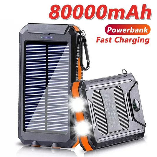 Solar Power Bank 80000mAh Portable Charging Powerbank External Battery Charger Strong Light LED Light for All Smartphones