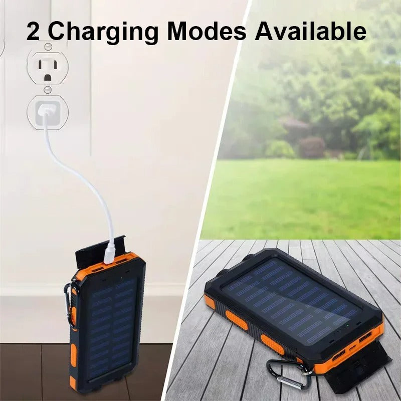 Solar Waterproof Power Bank Outdoor Portable Phone Charger External Battery Backup, Fast USB and Flashlight Compass Solar Panel Charging for all Smartphones and Electronic Devices
