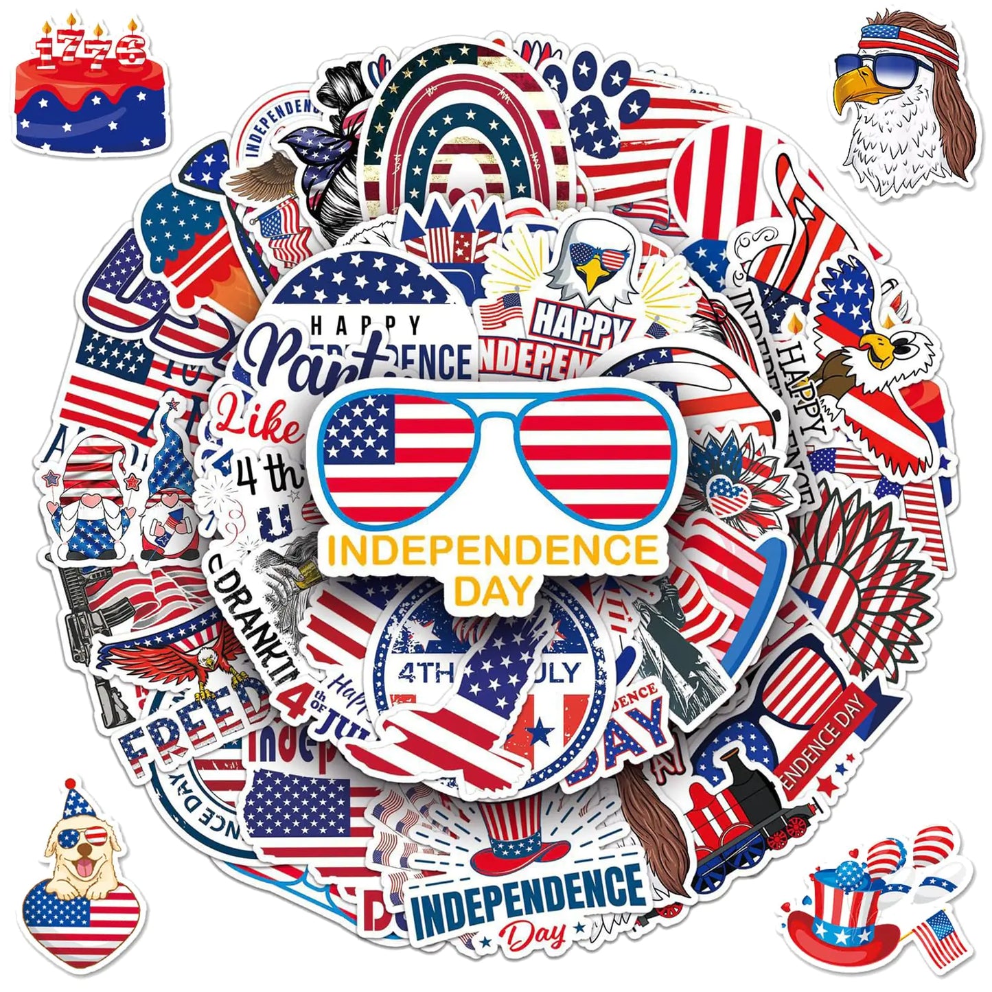 4th of July Stickers 50 Pcs Patriotic Stickers Decals Decorations Bulk Waterproof Vinyl American Independence Day Stickers Gifts Set for Water Bottles Laptop Scrapbook Car Skateboard Bike Luggage
