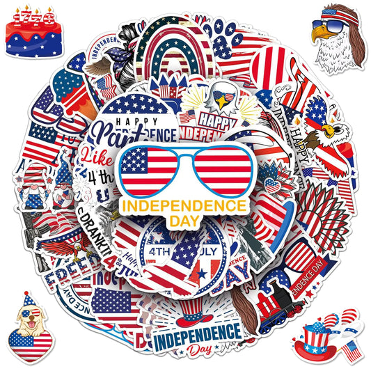 4th of July Stickers 50 Pcs Patriotic Stickers Decals Decorations Bulk Waterproof Vinyl American Independence Day Stickers Gifts Set for Water Bottles Laptop Scrapbook Car Skateboard Bike Luggage