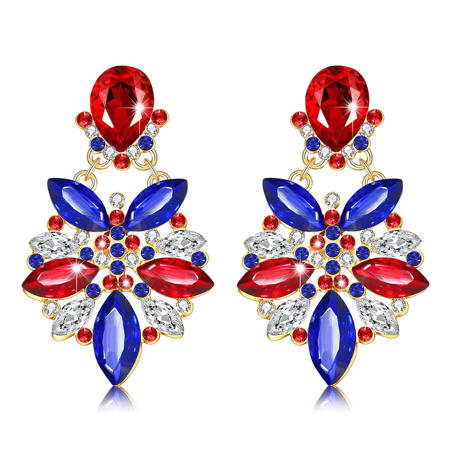 Vogueknock 4th of July Earrings for Women Multi Red White Blue Marquise Stone Flower Dangle Earrings USA Holiday Earrings American Festive Party Jewelry Gifts (Red White Blue)