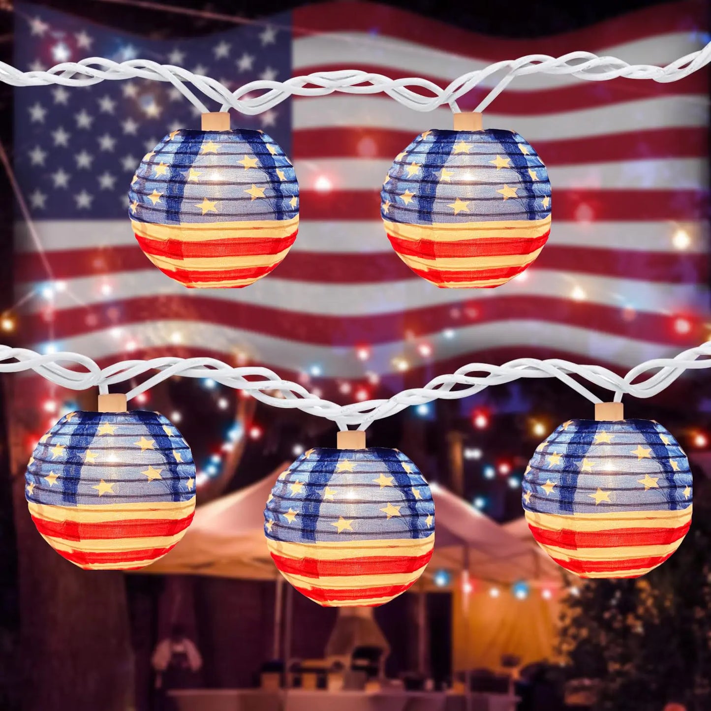 8.5Ft American Flag Lanterns String Lights Outdoor 4th of July Decorations with 10 Nylon Mini Lanterns Connectable Plug-in Red White Blue Lights for Independence Day Memorial Patriotic Party