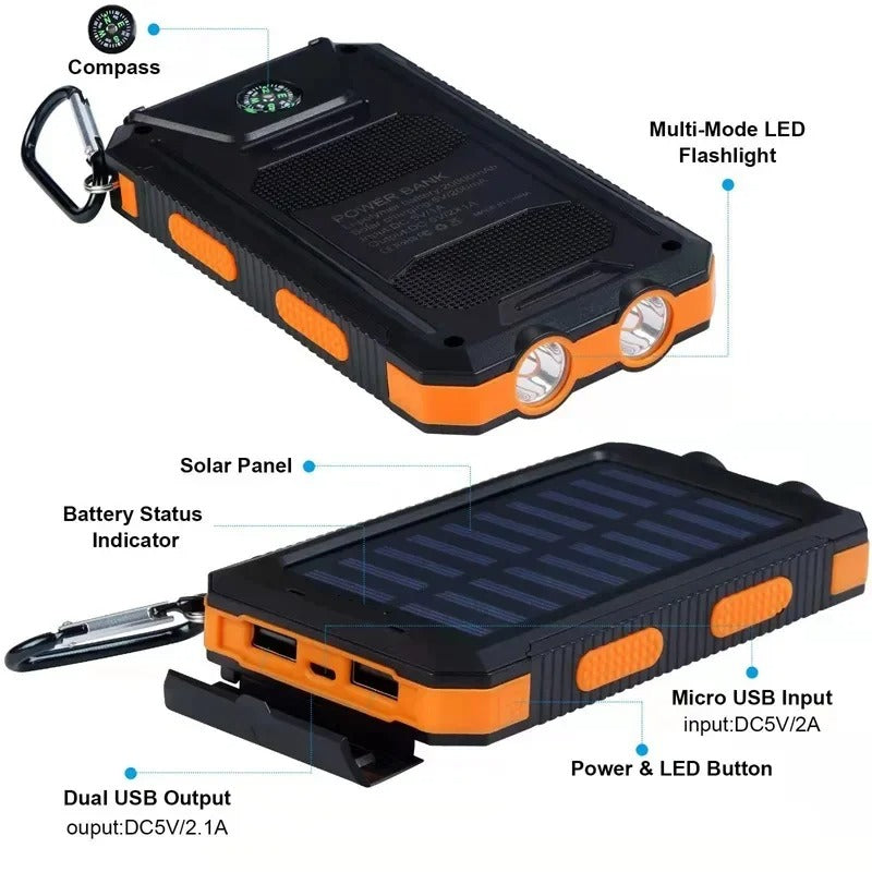 Solar Waterproof Power Bank Outdoor Portable Phone Charger External Battery Backup, Fast USB and Flashlight Compass Solar Panel Charging for all Smartphones and Electronic Devices