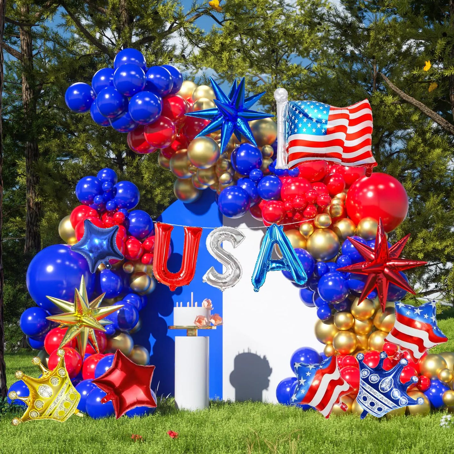 151pcs Red Blue and Gold Balloons Garland Arch Kit 4th of July Patriotic Balloons with Star Balloons for Birthday Graduation Independence Day Baseball Theme Nautical Party Decorations
