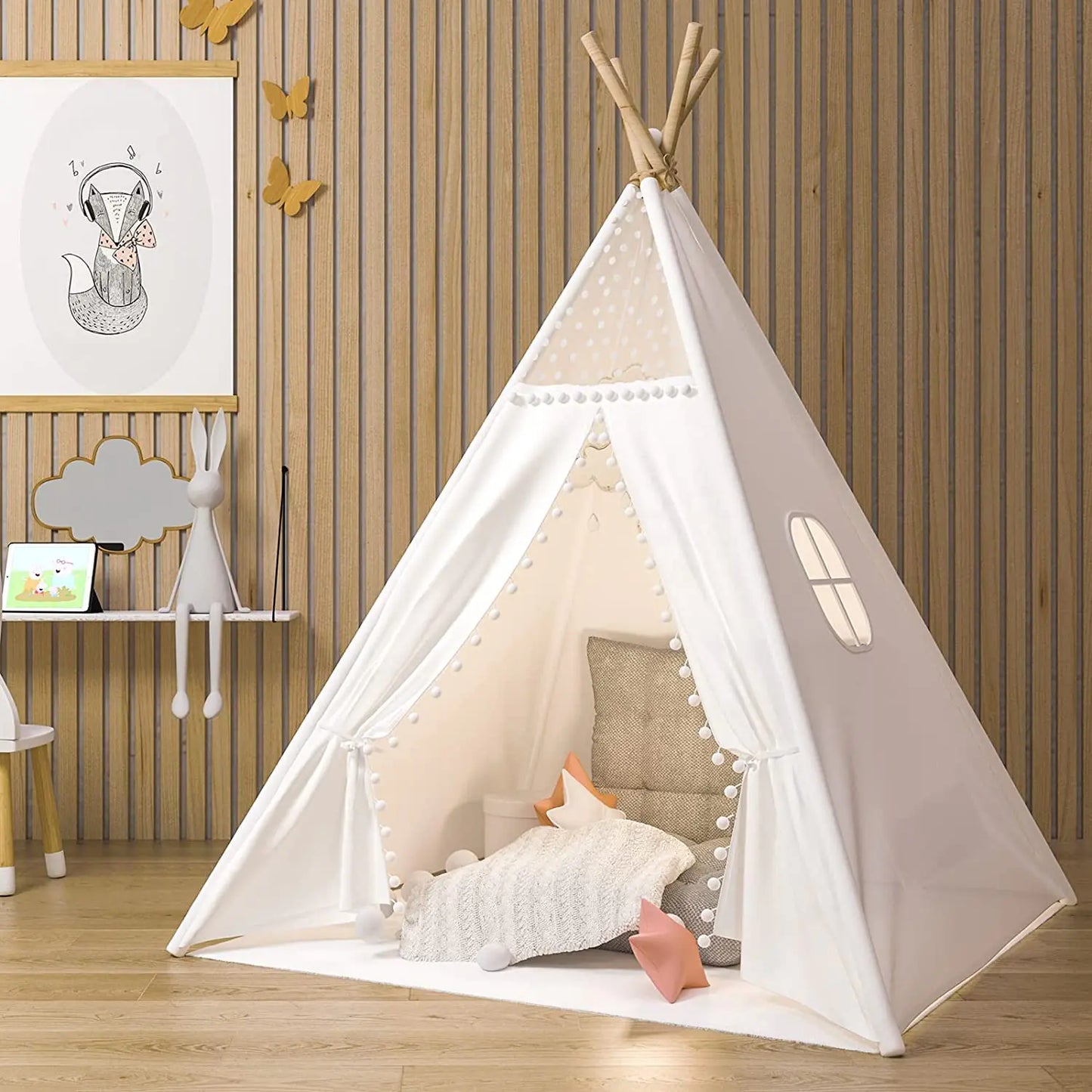 Gamenote Teepee Tent for Kids Indoor Tents with Mat Inner Pocket Unique Reinforcement Part - Foldable Kids Play Tent Canvas Tipi Childrens Tents for Girls & Boys (White)